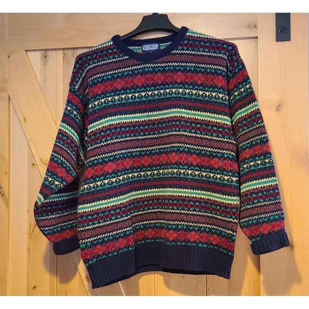 Lands End Men M Supersoft Shetland Wool Crewneck Sweater Scotland Green Blue Red